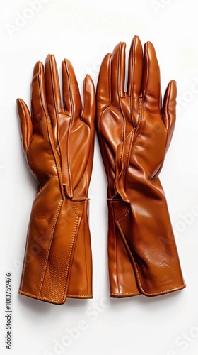 Pair of stylish leather gloves, white background, 4K hyperrealistic photo