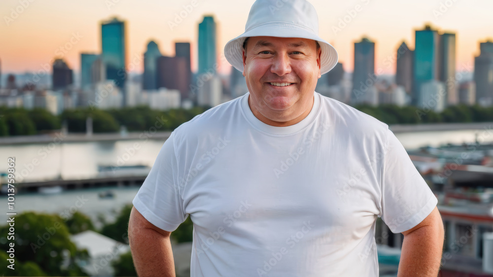 Plus size man wearing white t-shirt and white bucket hat standing on cityscape background Plus size man wearing white t-shirt and white bucket hat standing on cityscape background