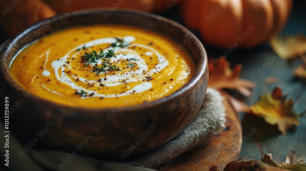 A creamy butternut squash soup served in a rustic bowl, garnished with a swirl of cream and fresh herbs. A creamy butternut squash soup served in a rustic bowl, garnished with a swirl of cream and fresh herbs.