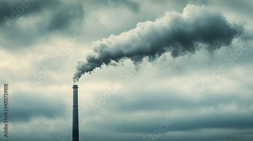 A factory chimney emitting smoke into a cloudy sky. The industrial setting contrasts with nature, as smoke spreads and blends into the overcast atmosphere.