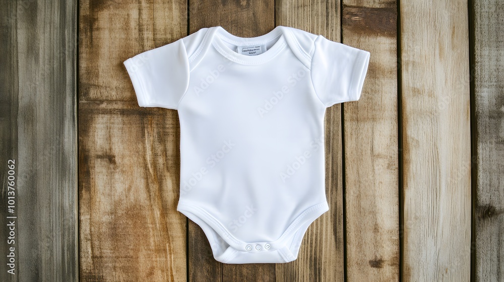 Flat lay mockup featuring a white baby bodysuit on a wooden background, perfect for baby clothes design templates Flat lay mockup featuring a white baby bodysuit on a wooden background, perfect for baby clothes design templates