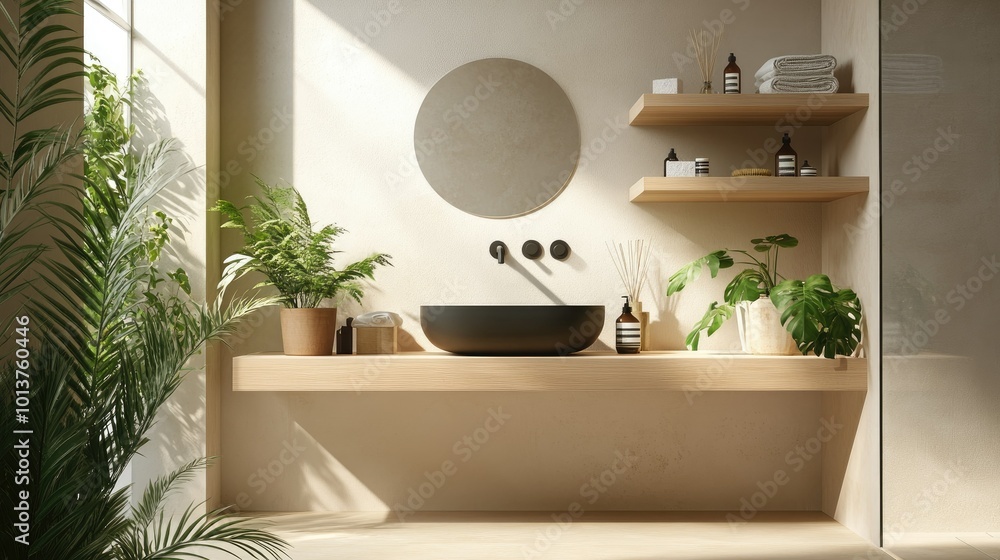 A modern bathroom with a floating sink and a matte black tap, with wooden shelving and small indoor plants enhancing the clean, natural look. A modern bathroom with a floating sink and a matte black tap, with wooden shelving and small indoor plants enhancing the clean, natural look.