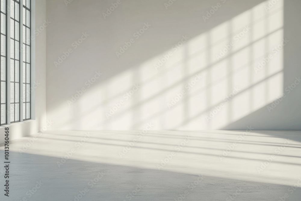Obraz premium Bright sunlight casts long shadows in a minimal white interior space with large windows