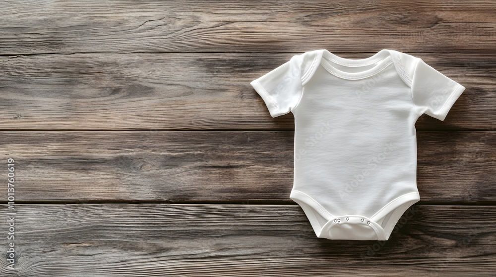 Flat lay mockup featuring a white baby bodysuit on a wooden background, perfect for baby clothes design templates Flat lay mockup featuring a white baby bodysuit on a wooden background, perfect for baby clothes design templates