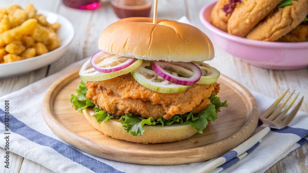 Crispy fried chicken sandwich with lettuce, onion and pickles on a wooden plate with a fork. Crispy fried chicken sandwich with lettuce, onion and pickles on a wooden plate with a fork.