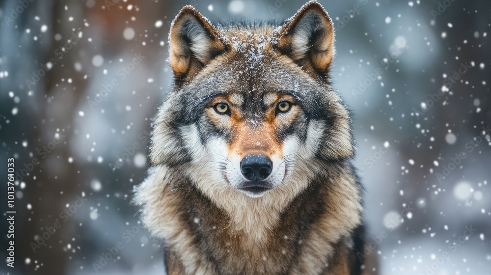Close-up of a Eurasian wolf in a snowy forest, its piercing eyes focused ahead as snow gently falls around its thick fur. A calm yet intense moment captured. Close-up of a Eurasian wolf in a snowy forest, its piercing eyes focused ahead as snow gently falls around its thick fur. A calm yet intense moment captured.