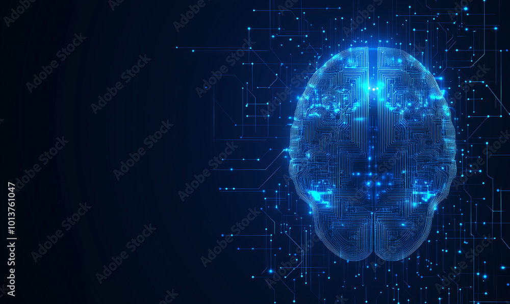 Obraz premium Abstract futuristic background with blue brain and circuit board elements, technology concept icon on a dark blue banner