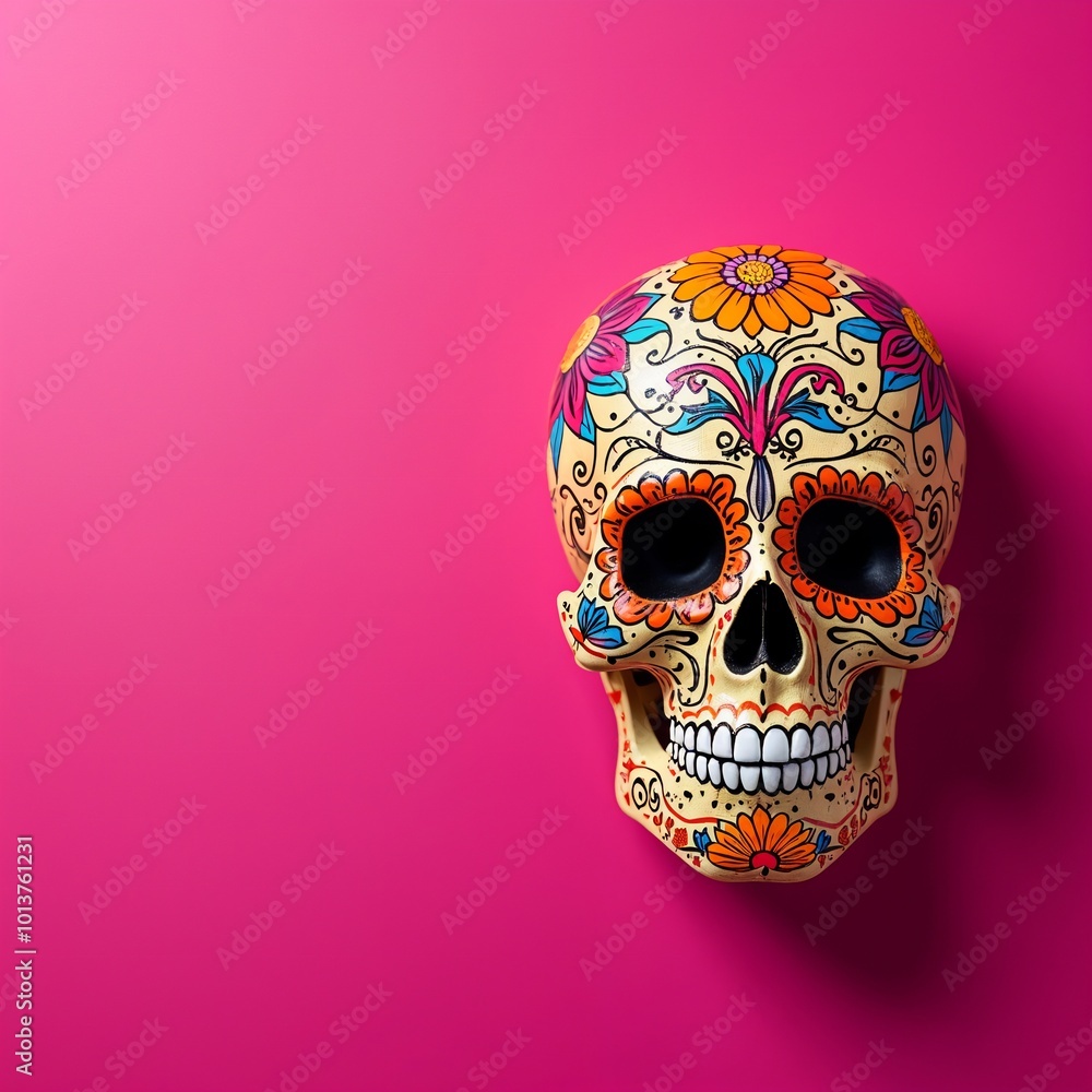 Day of the Dead Día de los Muertos Skull Pink Background Copyspace Festive Mexican Tradition Artistic Display Day of the Dead Día de los Muertos Skull Pink Background Copyspace Festive Mexican Tradition Artistic Display
