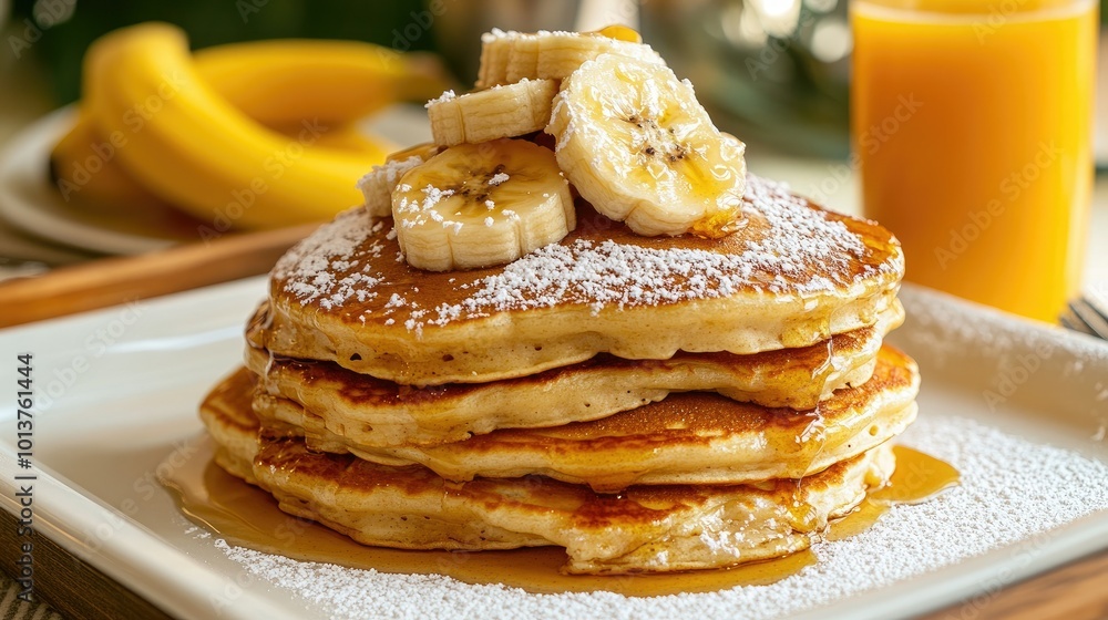 Fluffy buttermilk pancakes topped with caramelized bananas and a dusting of powdered sugar, placed on a breakfast tray with a glass of orange juice. Fluffy buttermilk pancakes topped with caramelized bananas and a dusting of powdered sugar, placed on a breakfast tray with a glass of orange juice.