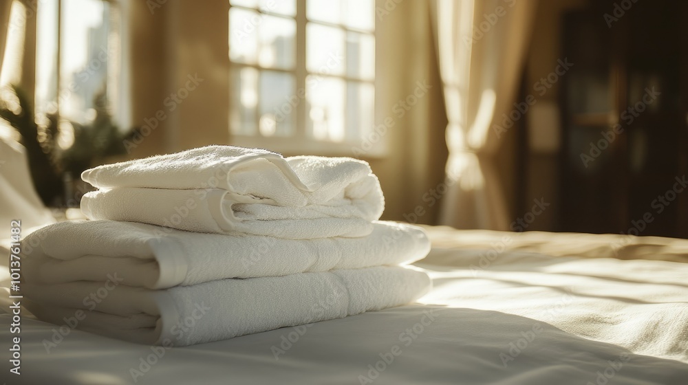 Obraz premium Folded white towels placed on the bed in a sunlit bedroom with warm, neutral tones, evoking a sense of luxury and comfort.