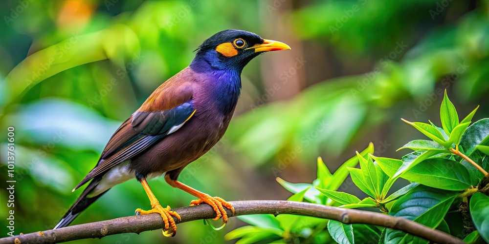 Perched on a branch, a colorful myna bird blends beautifully with its lush green surroundings, embodying the essence of nature's vibrant habitat and life. Perched on a branch, a colorful myna bird blends beautifully with its lush green surroundings, embodying the essence of nature's vibrant habitat and life.