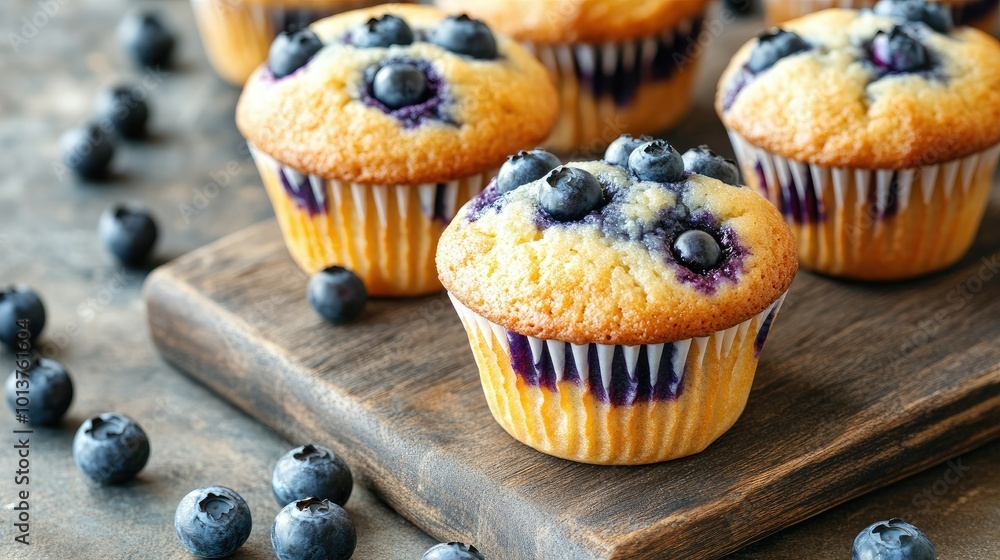 Freshly baked blueberry muffins overflowing with juicy blueberries, placed on a wooden board. Scattered fresh blueberries add a burst of color to the warm, golden muffins.
