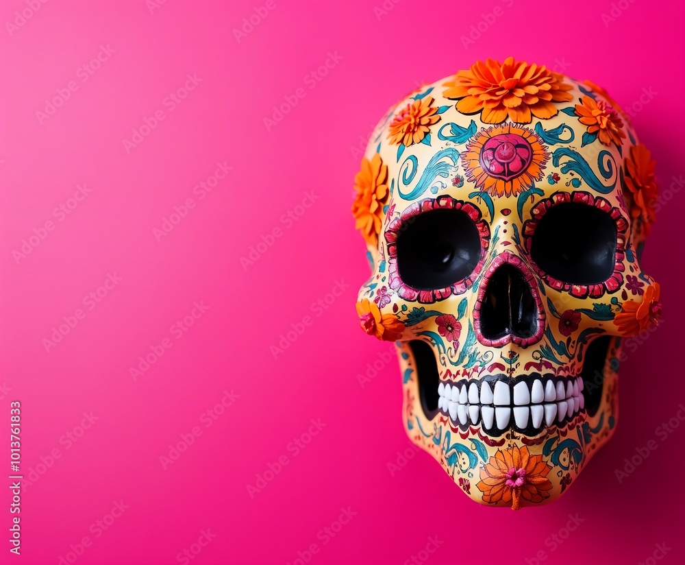 Day of the Dead Día de los Muertos Skull Pink Background Copyspace Mexican Cultural Celebration Artistic Symbol Day of the Dead Día de los Muertos Skull Pink Background Copyspace Mexican Cultural Celebration Artistic Symbol