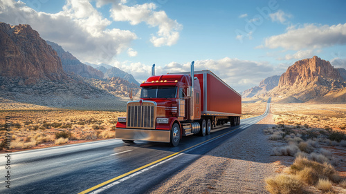 A car with a trailer is moving fast along the highway against the background of a desert with rocks. An American truck is transporting cargo. A logistics company..