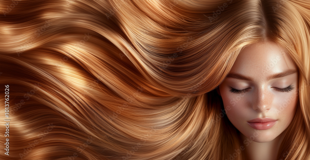 Obraz premium Brown gold hair model woman posing for haircare products, highlighting soft, shiny caramel brunette hair dye. ideal for beauty,haircare products or hair treatment