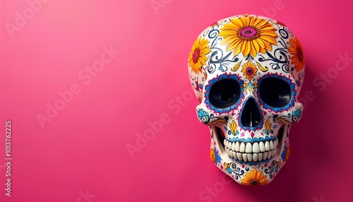 Day of the Dead Día de los Muertos Skull Pink Background Copyspace Vibrant Mexican Tradition Art