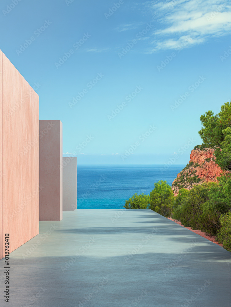 Coastal view from a modern building with minimalist architecture near a serene blue ocean Coastal view from a modern building with minimalist architecture near a serene blue ocean