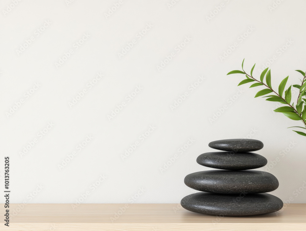 A tranquil arrangement of stacked stones beside a green leaf plant on a minimalist shelf A tranquil arrangement of stacked stones beside a green leaf plant on a minimalist shelf