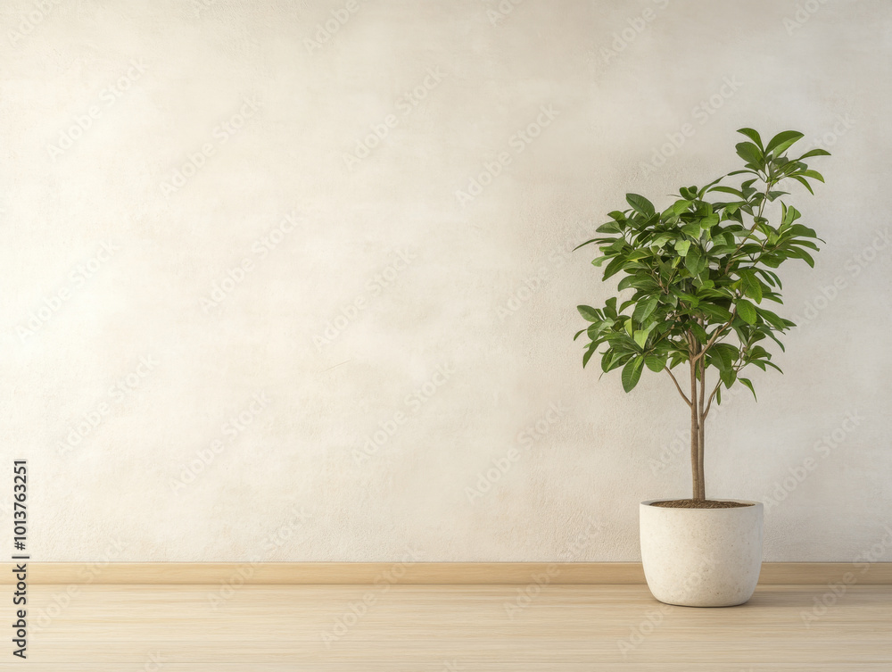 A potted green plant standing against a minimalist light-colored wall in a bright interior room A potted green plant standing against a minimalist light-colored wall in a bright interior room
