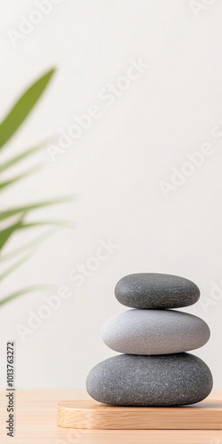 Stacked smooth stones with a green plant in the background in a minimalistic setting