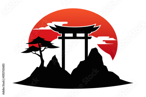 Japanese shinto torii gate entrance | vector silhouette illustration on white background