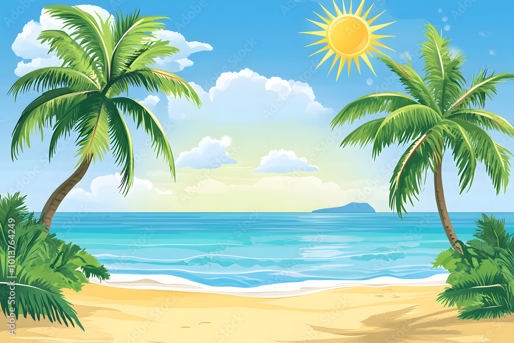 Tropical Beach Sunset with Palm Trees and Ocean Waves design Tropical Beach Sunset with Palm Trees and Ocean Waves design