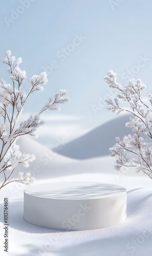 1. A serene scene featuring an empty podium on a pristine winter snow background, creating a minimalist mock-up placement for showcasing cosmetic products in a fashion advertisement