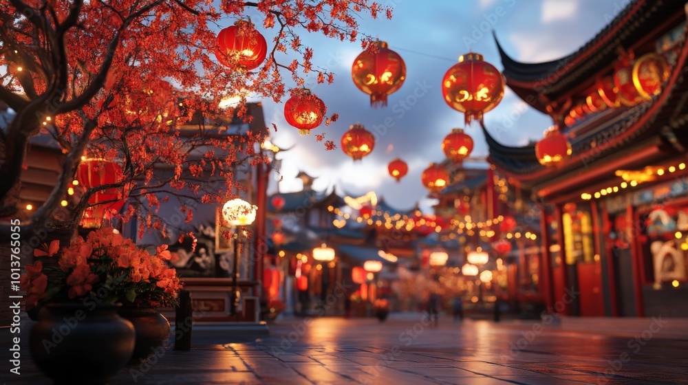 Fototapeta premium Chinese Lunar New Year Celebration with Red Lanterns in Night Street