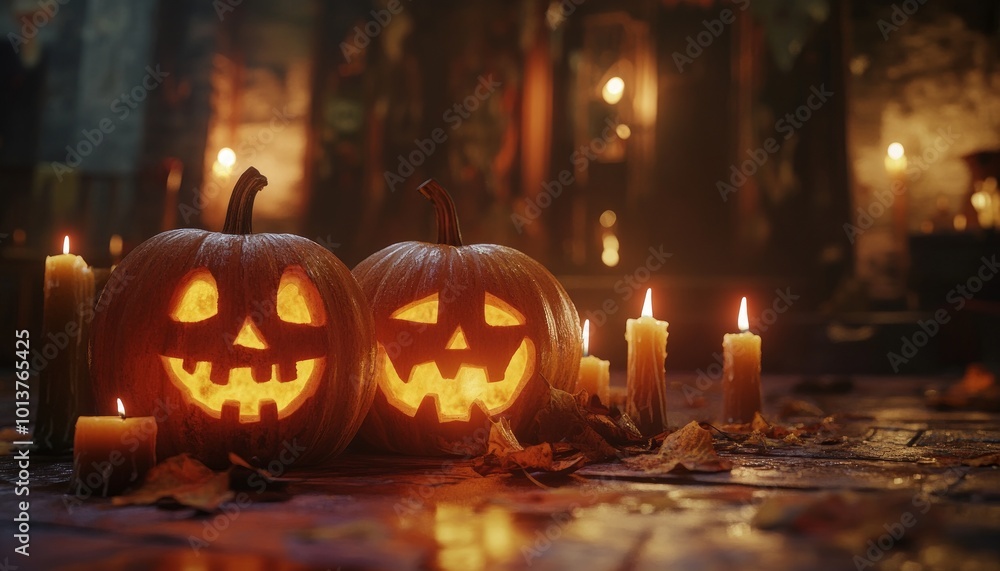 Fototapeta premium Halloween Pumpkins with Carved Faces and Lit Candles in a Dark Spooky Scene