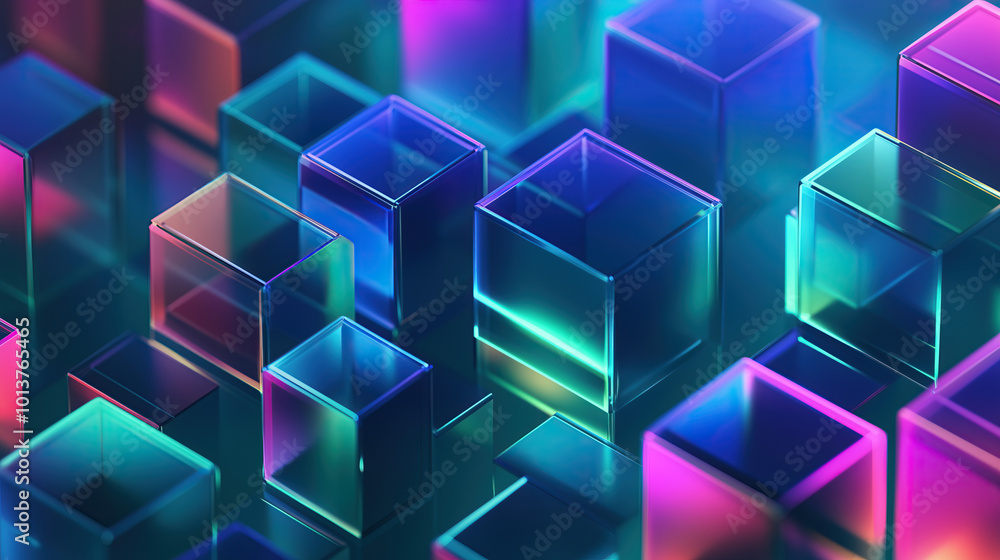 Abstract neon futuristic digital wallpaper with neon cubes pattern. depicting: future technology, cloud storage, cyberspace and cybersecurity concepts Abstract neon futuristic digital wallpaper with neon cubes pattern. depicting: future technology, cloud storage, cyberspace and cybersecurity concepts