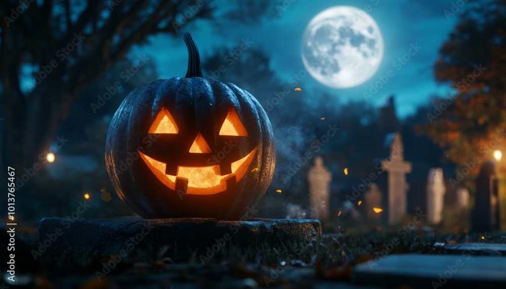 Jack-O'-Lantern in the Cemetery with Full Moon and Spooky Night Atmosphere Jack-O'-Lantern in the Cemetery with Full Moon and Spooky Night Atmosphere