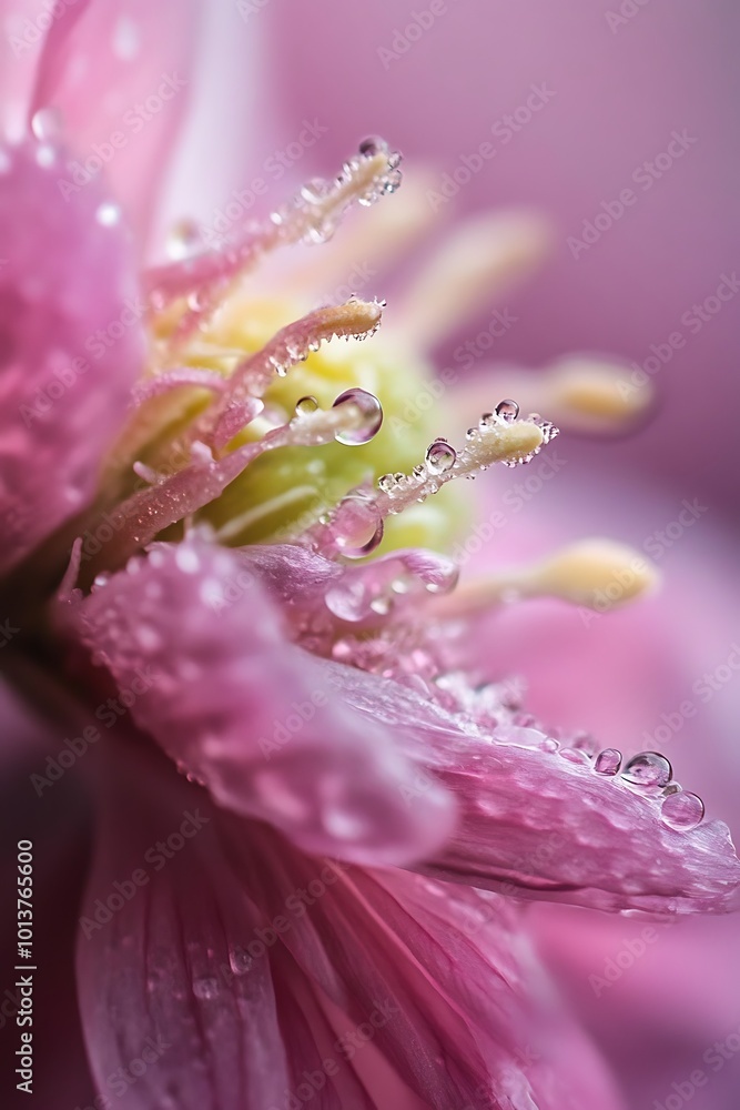 Close up of pink flower petals covered in water droplets. Soft and delicate image. Close up of pink flower petals covered in water droplets. Soft and delicate image.