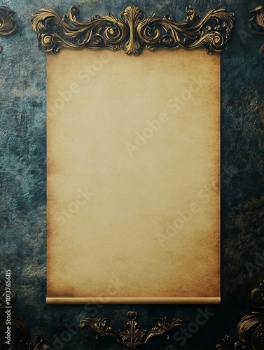 A vintage ornate scroll with intricate gold decorations set on an antique textured background, exuding elegance and history.