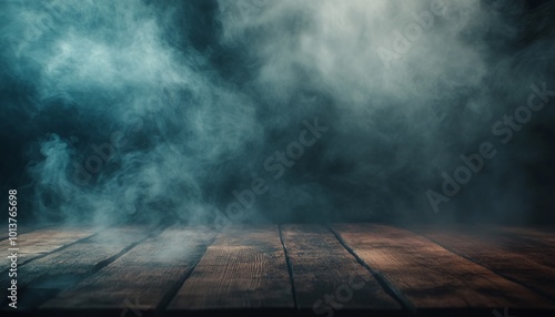 Backdrop for Halloween with Dark Wooden Floor and Foggy Night Atmosphere