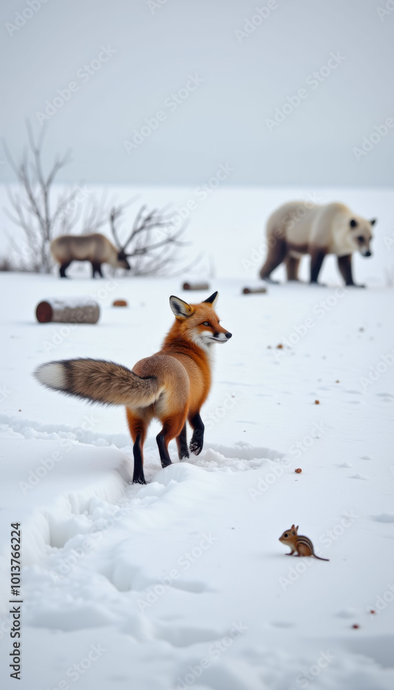 Naklejka premium A fox is standing in the snow next to a chipmunk and a bear. The fox is looking at the camera