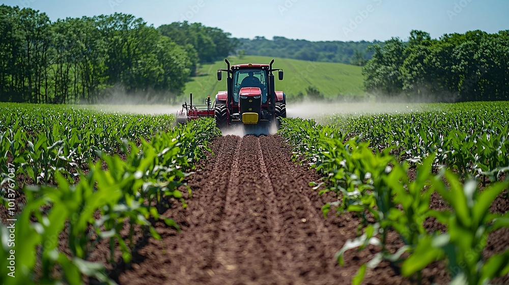 Tractor Spraying Pesticide in Spring Farm Scene Tractor Spraying Pesticide in Spring Farm Scene