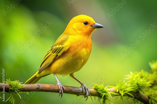 Set against a soothing green background, a bright yellow bird rests on a branch, illustrating the tranquility of its natural environment with vivid colors and peaceful scenery.