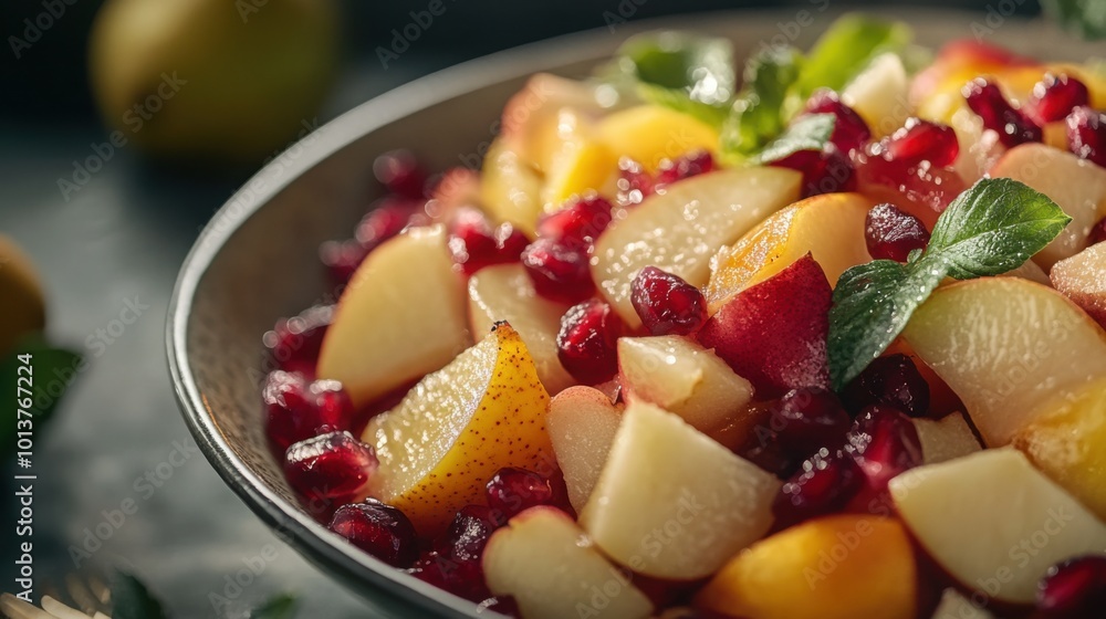 A fresh fruit salad with seasonal fruits, including apples, pears, and pomegranate seeds. A fresh fruit salad with seasonal fruits, including apples, pears, and pomegranate seeds.