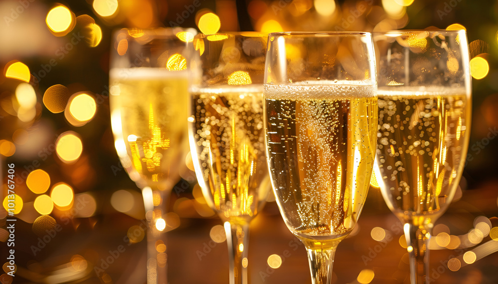 Many glasses of champagne on blurred background, closeup Many glasses of champagne on blurred background, closeup