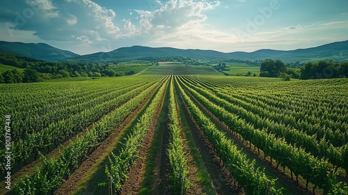 breathtaking aerial view of tokaj vineyards in hungary lush green rows of grapevines stretch across rolling hills with a picturesque landscape under a bright blue sky