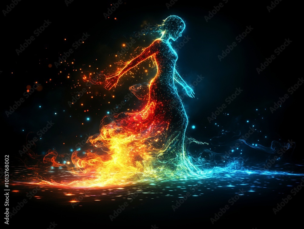 Human figure, woman silhouette, energy that releases from the body, power. Integration of artificial intelligence and human beings, exploitation of potential. Ai generative
