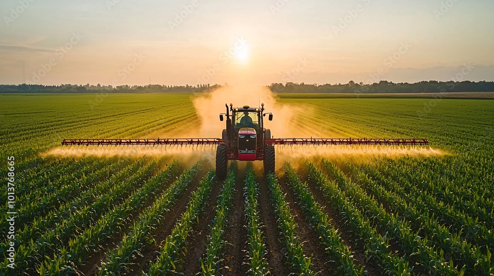 Tractor Spraying Pesticides in Sunset Agriculture Scene Tractor Spraying Pesticides in Sunset Agriculture Scene