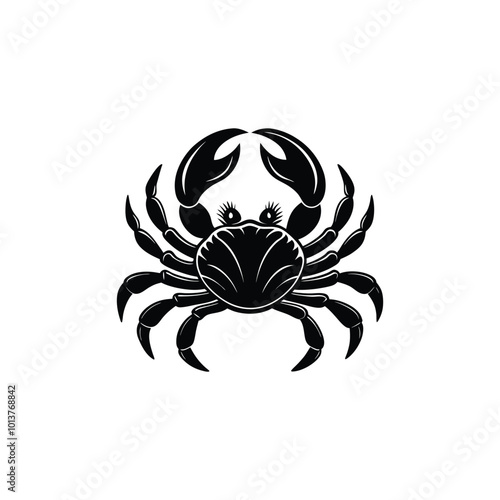 Silhouette of a black crab on a white background. 