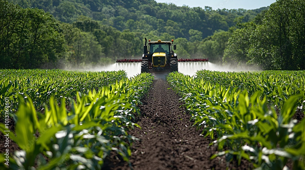 Tractor Spraying Pesticides Over Young Corn Field Tractor Spraying Pesticides Over Young Corn Field