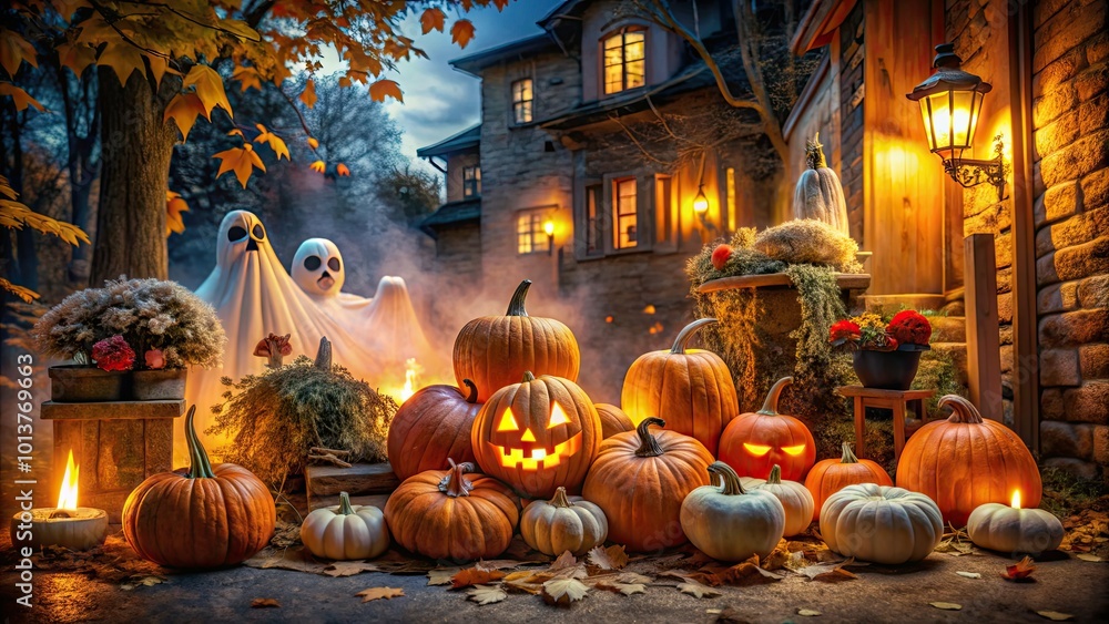 Fototapeta premium Spooky Halloween Images for Drawing Inspiration Featuring Pumpkins, Ghosts, and Haunted Scenes