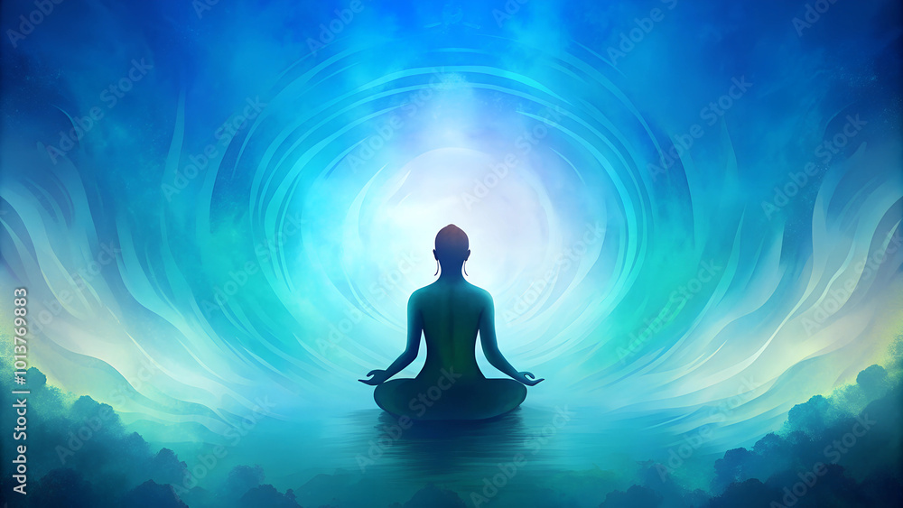 Meditation background with a serene figure in a meditative pose, softly blended into a gradient of soothing blues and greens, representing mindfulness and inner peace Meditation background with a serene figure in a meditative pose, softly blended into a gradient of soothing blues and greens, representing mindfulness and inner peace