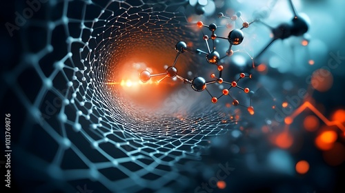 Futuristic digital in flat design style depicting intricate molecular structures of carbon nanotubes emerging from a graphene background photo