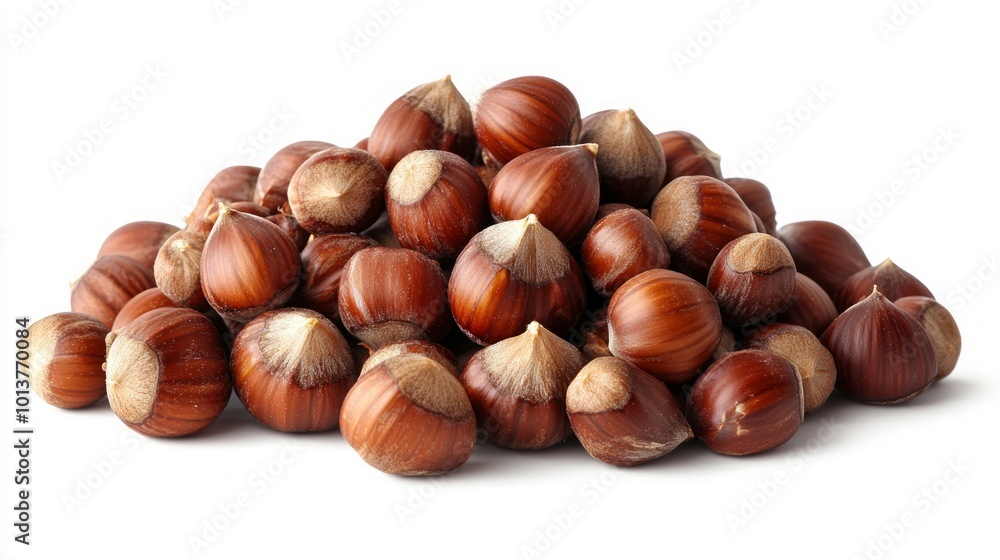 A pile of hazelnuts isolated on a white background. A pile of hazelnuts isolated on a white background.