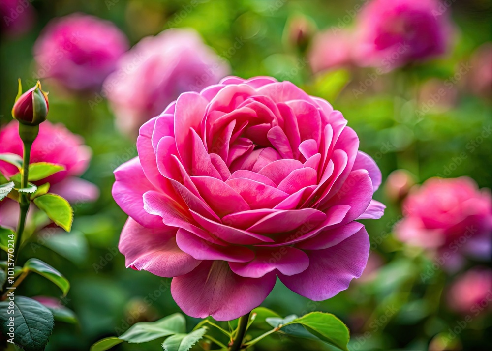 Stunning Brilliant Pink Iceberg Rose Blooming in a Lush Garden Setting with Soft Natural Lighting Stunning Brilliant Pink Iceberg Rose Blooming in a Lush Garden Setting with Soft Natural Lighting