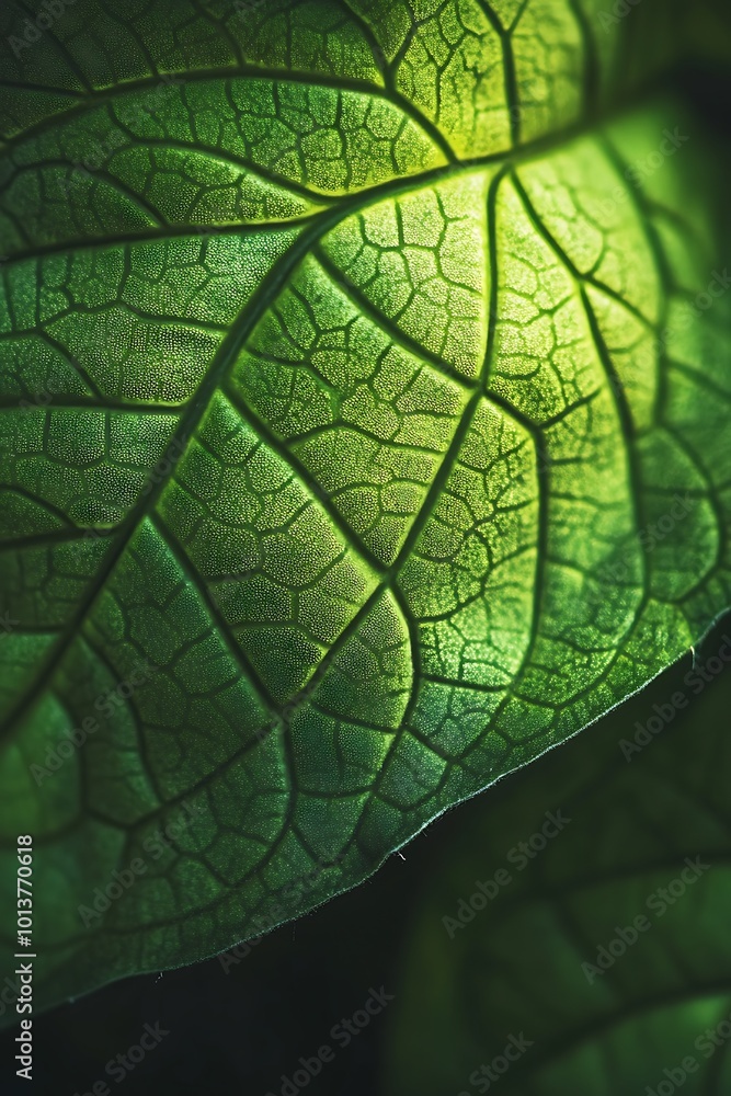 Obraz premium Close up macro photo of a green leaf with visible veins and texture